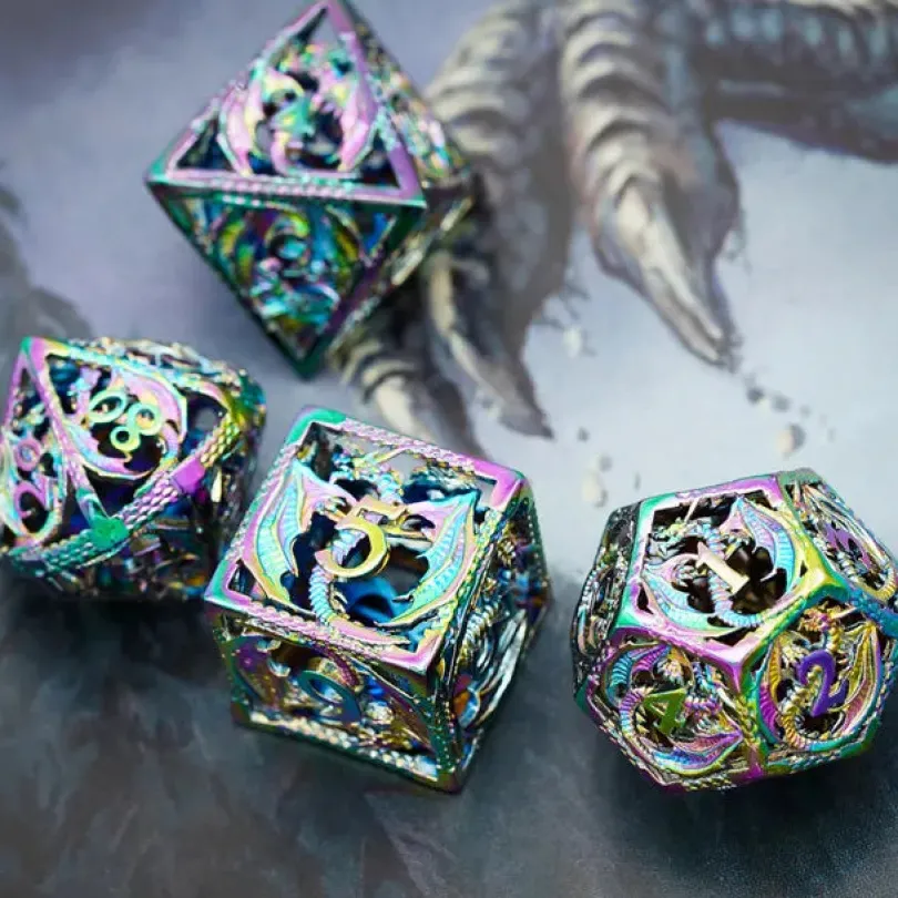 A Role Playing Dice Set Metallic Hollow Metal Dnd Dice Flying Dragon Rainbow