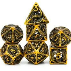 A Role Playing Dice Set Metallic Hollow Metal Dnd Dice Flying Dragon Gold