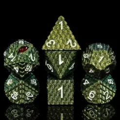 A Role Playing Dice Set Metallic Dragon Scale Gold Green Glitter