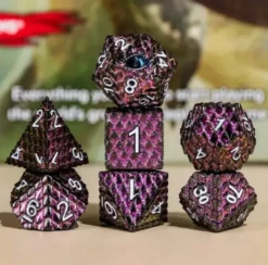 A Role Playing Dice Set Metallic Dragon Scale Dark Rose