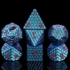 A Role Playing Dice Set Metallic Dragon Scale Light Blue Red Font