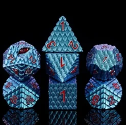 A Role Playing Dice Set Metallic Dragon Scale Light Blue Red Font