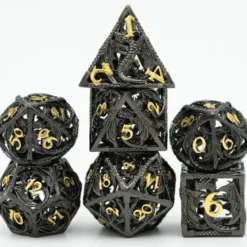 A Role Playing Dice Set Metallic - Hollow Metal DND Dice (Flying Dragon) Black