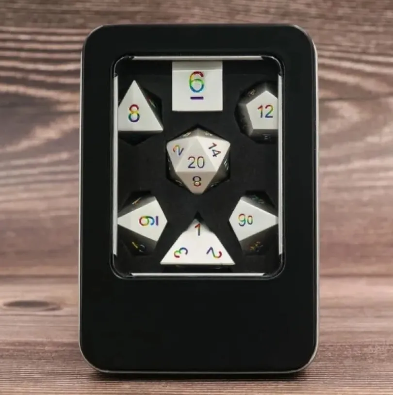 A Role Playing Dice Set Metallic - Silver Rainbow Numbers