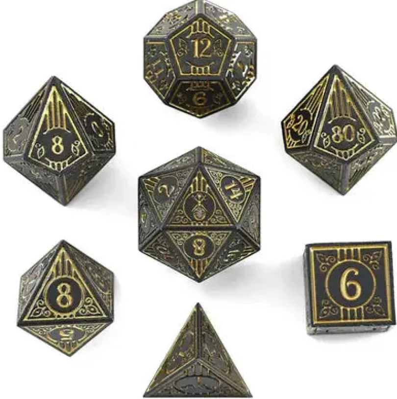 Bard Solid Metal RPG Dice Set Matt Black w/Gold (7)