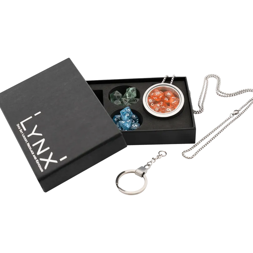 DICE LOCKET W NECKLACE & KEYCHAIN + 3 DND MINI DICE SETS | FANTASY JEWELRY
