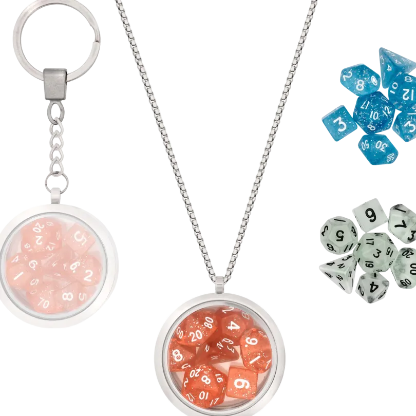 DICE LOCKET W NECKLACE & KEYCHAIN + 3 DND MINI DICE SETS | FANTASY JEWELRY