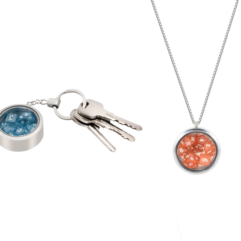 DICE LOCKET W NECKLACE & KEYCHAIN + 3 DND MINI DICE SETS | FANTASY JEWELRY