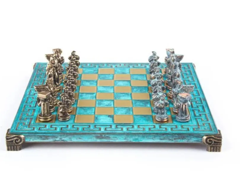 Spartan Warrior Chess set with blue/brown chessmen and Meander bronze chessboard 28 x 28cm (Small) Manopoulos