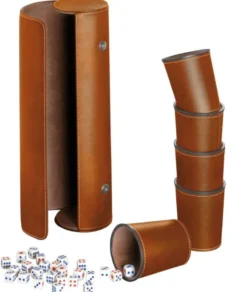 Synthetic leather dice cup set of 5 with case incl. 25 dice, brown (7996)