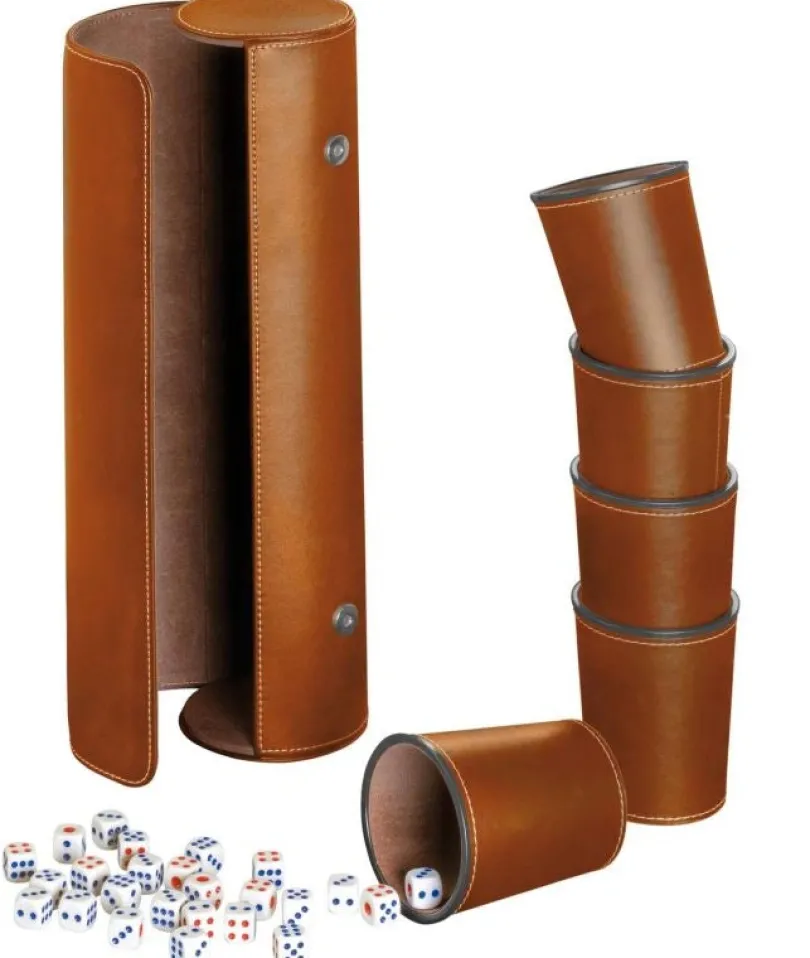 Synthetic leather dice cup set of 5 with case incl. 25 dice, brown (7996)