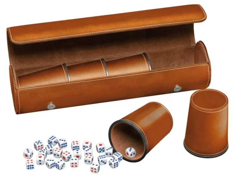 Synthetic leather dice cup set of 5 with case incl. 25 dice, brown (7996)