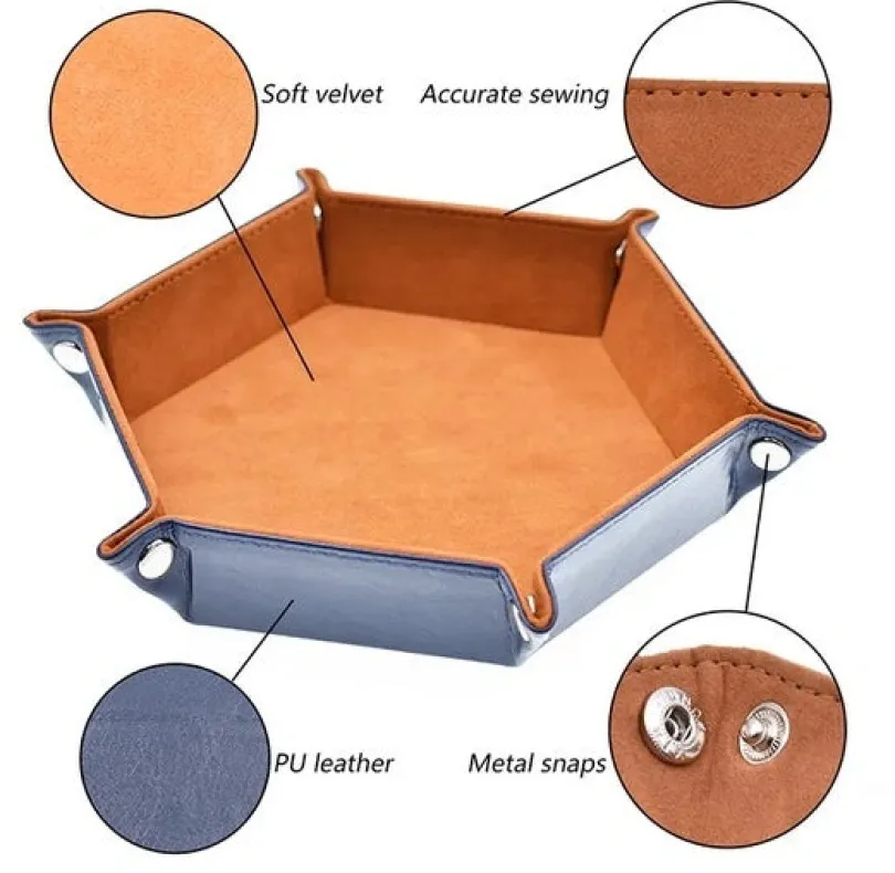 Velvet PU Leather Folding Hexagon Dice Tray - Brun